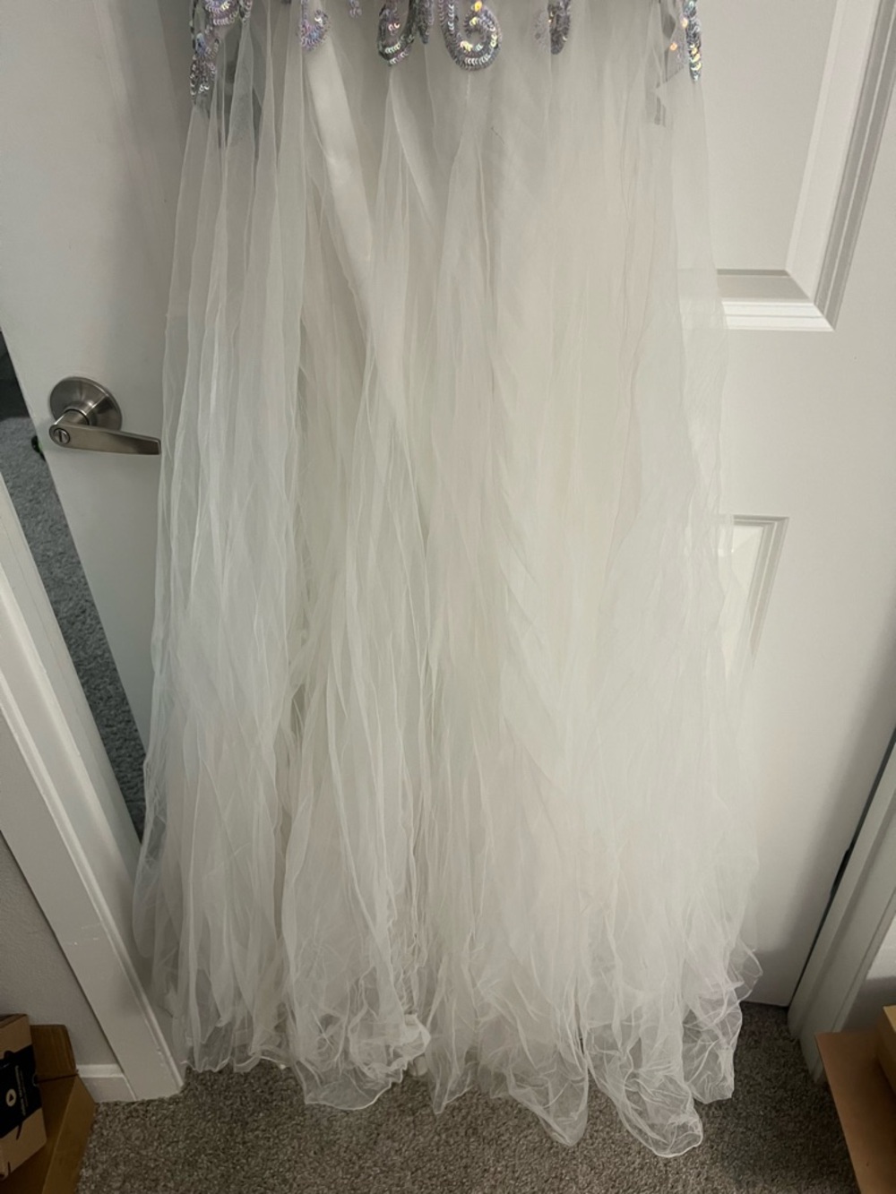 Angela & Alison Silver Sequin Bodice White Tulle Mermaid Gown - Picture 4 of 9